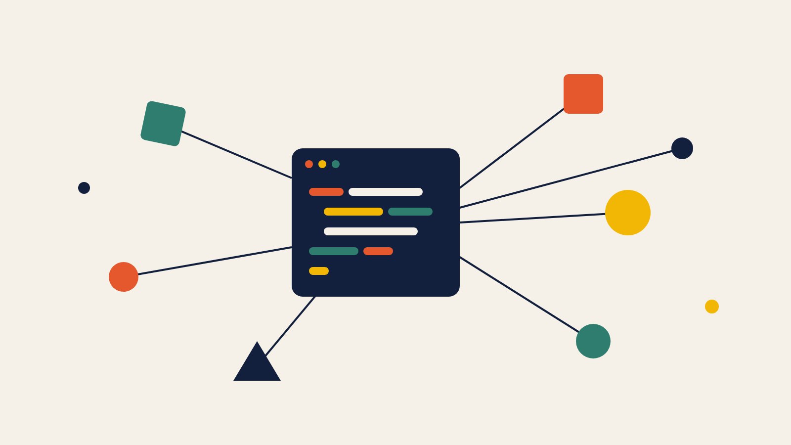 生成り色の背景に、黒い窓の形と、そこから線でつながる色とりどりの四角や丸(AIレビュー作成のオリジナル画像)